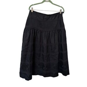 Talbots Petites Black Linen Midi Skirt Embroidered Lace Pintuck Size 12P